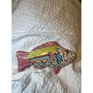 MacKenzie-Childs Ceramic Fish Knob 5in Colorful Checker Pink Pull Handle